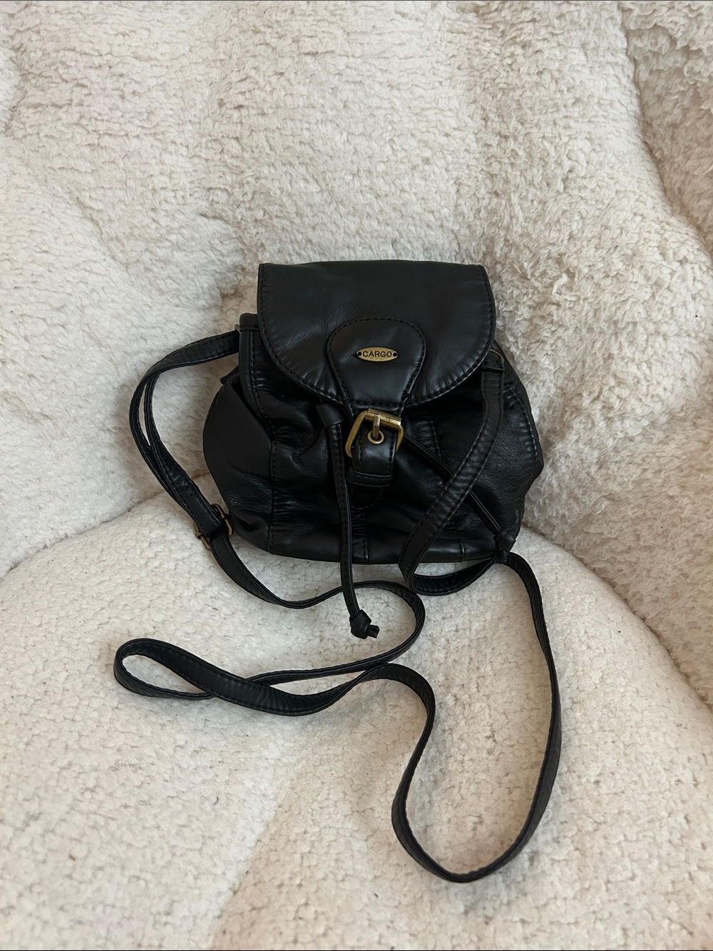 Cargo Black Leather Mini Drawstring Backpack Crossbody